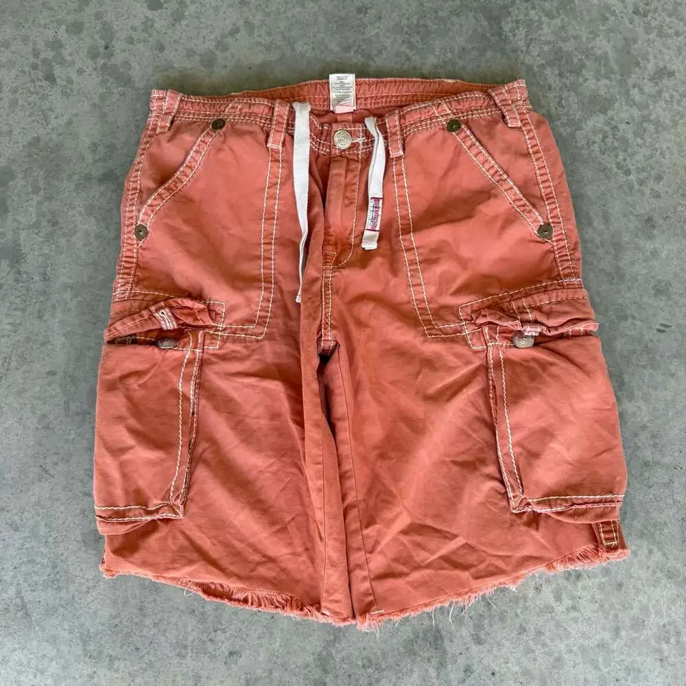 Y2K Grunge Style True Religion Big T Raw Hem Cargo Cut-Off Shorts